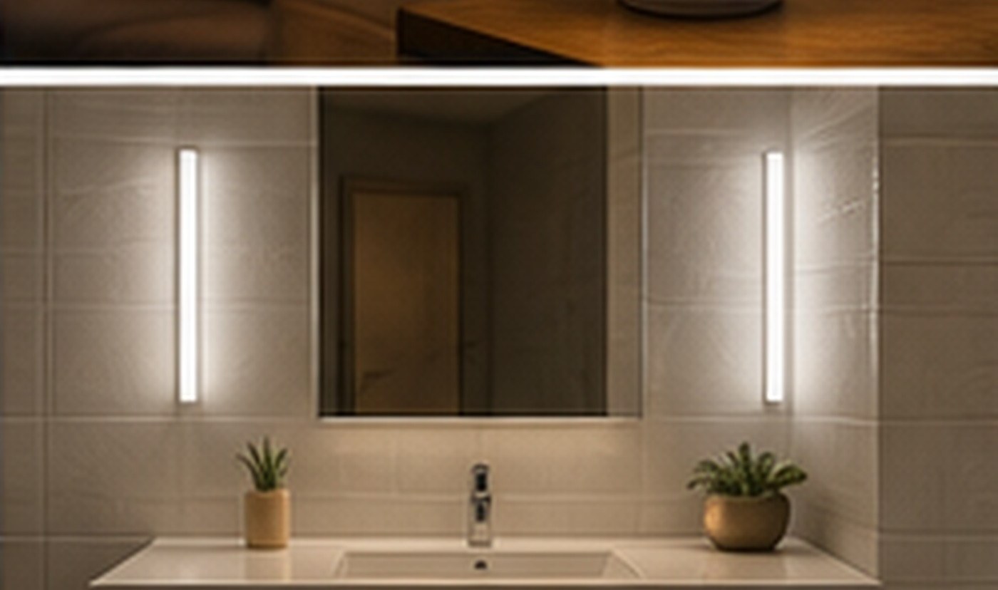 LED-Spiegelleuchte am Waschtischspiegel im modernen Badezimmer